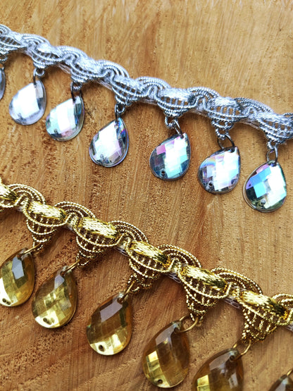 Teardrop Rhinestone Fringe Trim: Metallic Jewelled Beaded Tassel - Sold by the Yard