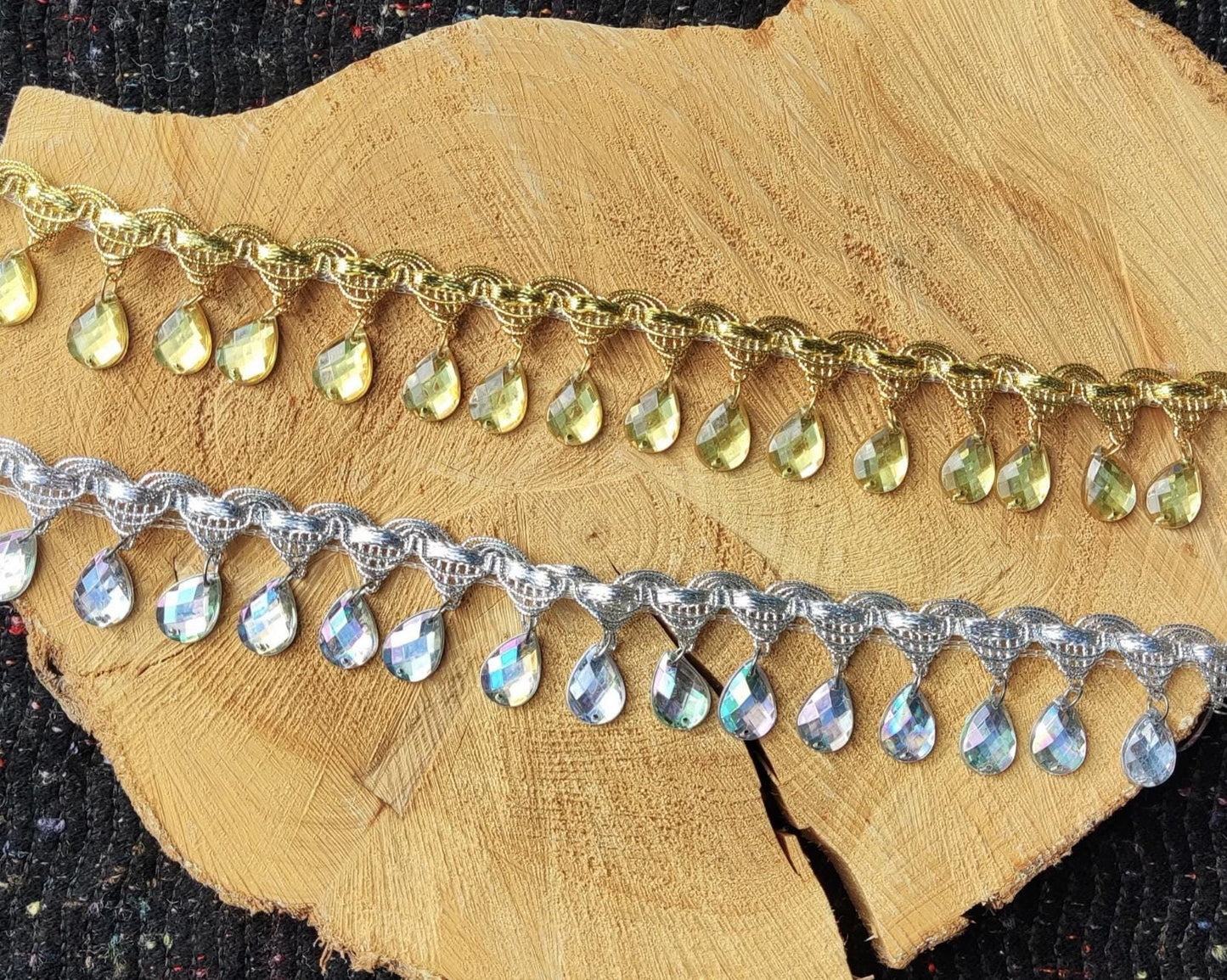 Teardrop Rhinestone Fringe Trim: Metallic Jewelled Beaded Tassel - Sold by the Yard