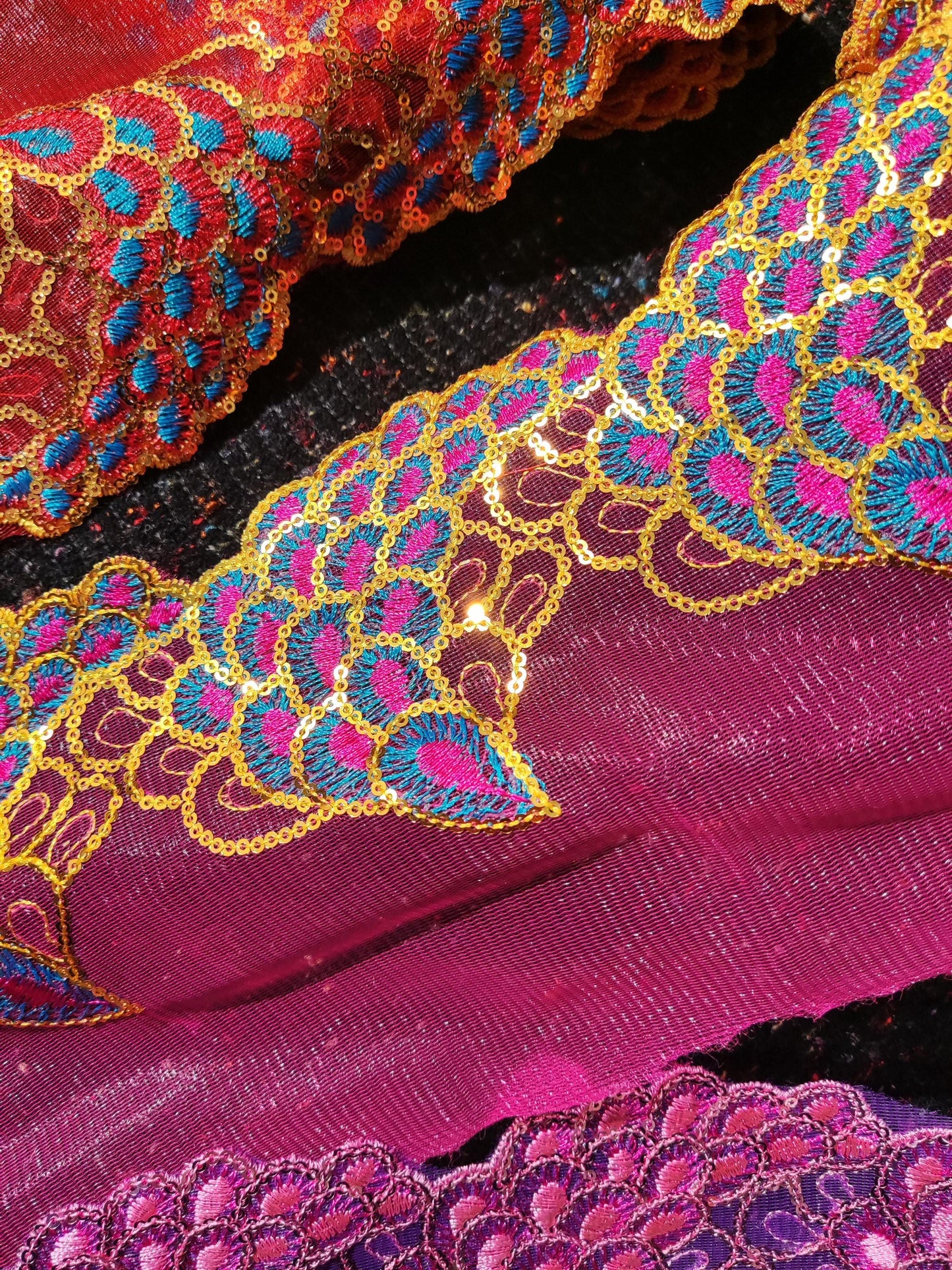 Peacock Feather Sheer Panel with Sequin- 20cm width Embroidered Tulle Trim- Per yard -Sparkly Border for Dancewear, Lingerie, Costume DIY