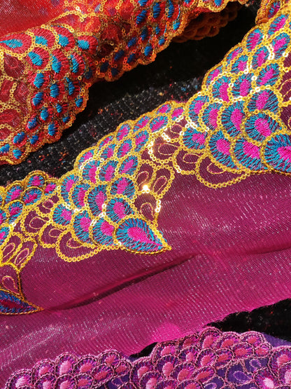Peacock Feather Sheer Panel with Sequin- 20cm width Embroidered Tulle Trim- Per yard -Sparkly Border for Dancewear, Lingerie, Costume DIY