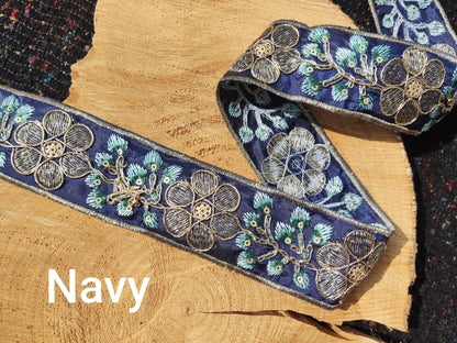 Embroidered Ethnic Floral Trim with Sequin- Per yard -4cm width Folk art Border-Blue, Burgundy, Gold Flower Edging- DIY Costume, upholstery