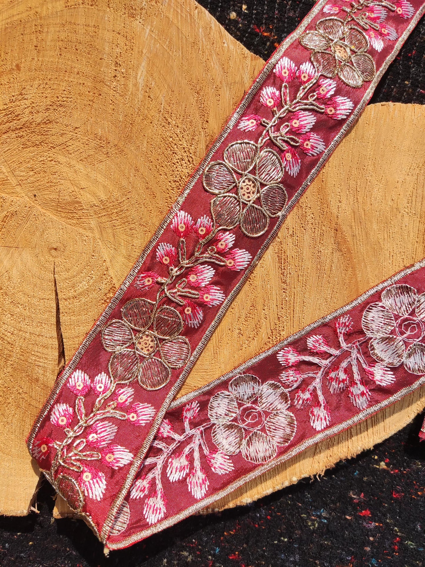 Embroidered Ethnic Floral Trim with Sequin- Per yard -4cm width Folk art Border-Blue, Burgundy, Gold Flower Edging- DIY Costume, upholstery