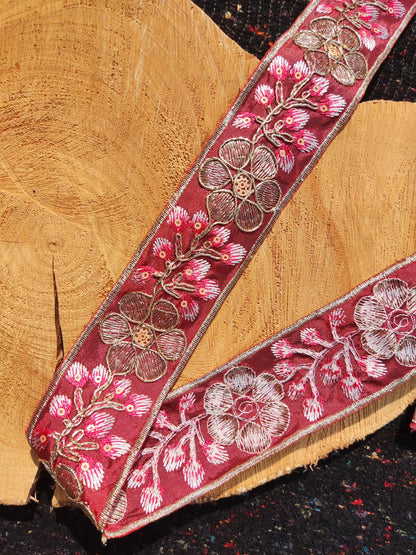 Embroidered Ethnic Floral Trim with Sequin- Per yard -4cm width Folk art Border-Blue, Burgundy, Gold Flower Edging- DIY Costume, upholstery