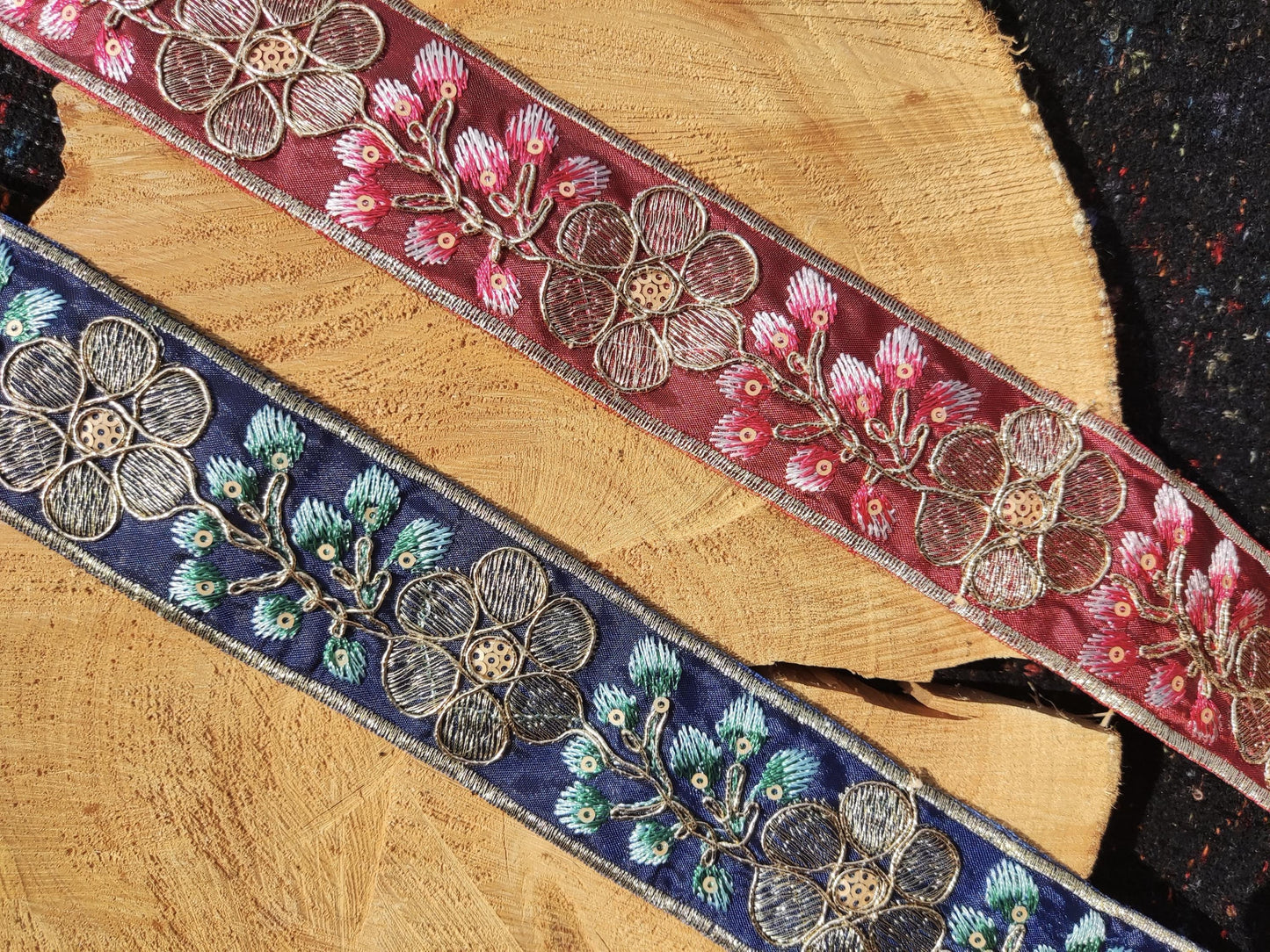 Embroidered Ethnic Floral Trim with Sequin- Per yard -4cm width Folk art Border-Blue, Burgundy, Gold Flower Edging- DIY Costume, upholstery