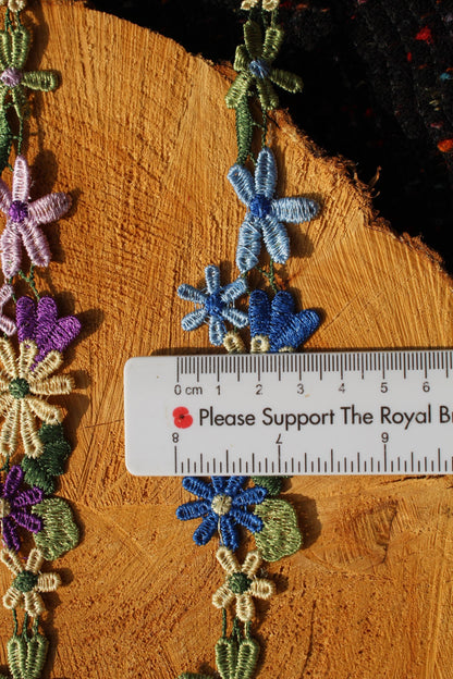 3.5cm width Embroidered Floral Trim- Multicoloured Bright Flower Lace- Per yard- DIY Clothing, Festival Costume, Crafts, Upholstery Decor