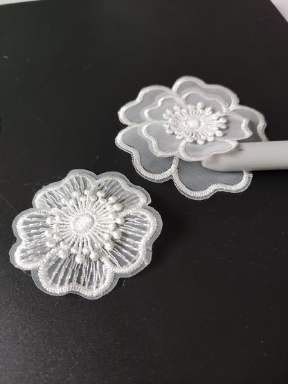 White Flower Bridal Lace Organza Sew on Applique -Embroidered Rose Motif with Sequin-Embellishment for Veil DIY, Wedding Dress decoration