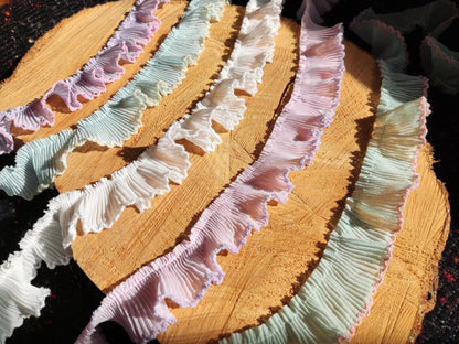 Pastel Chiffon Pencil Shaving Trim with Scallop Edge- Per yard- 3cm width Pleated Border for Doll making, Soft Furnishing, Dressmaking