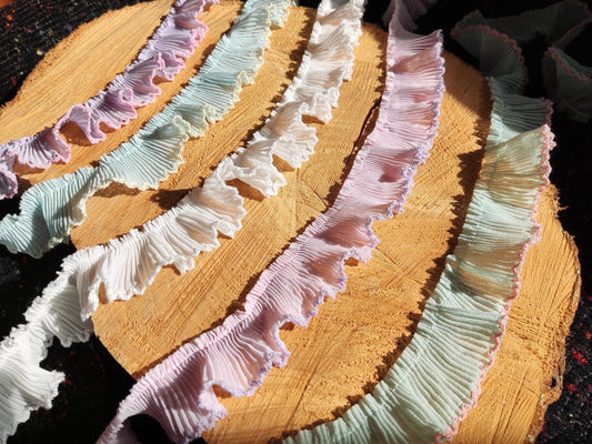 Pastel Chiffon Pencil Shaving Trim with Scallop Edge- Per yard- 3cm width Pleated Border for Doll making, Soft Furnishing, Dressmaking