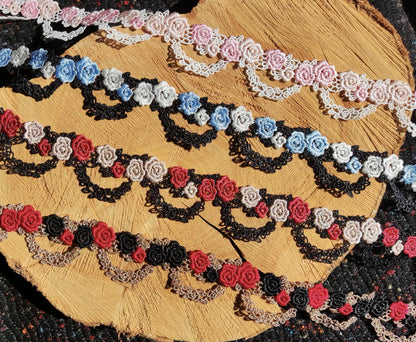 3.5cm Width Rose Flower Chain Embroidered Trim- Delicate Floral Lace Border -Per yard- For Dressmaking, Soft furnishing, Costume decoration