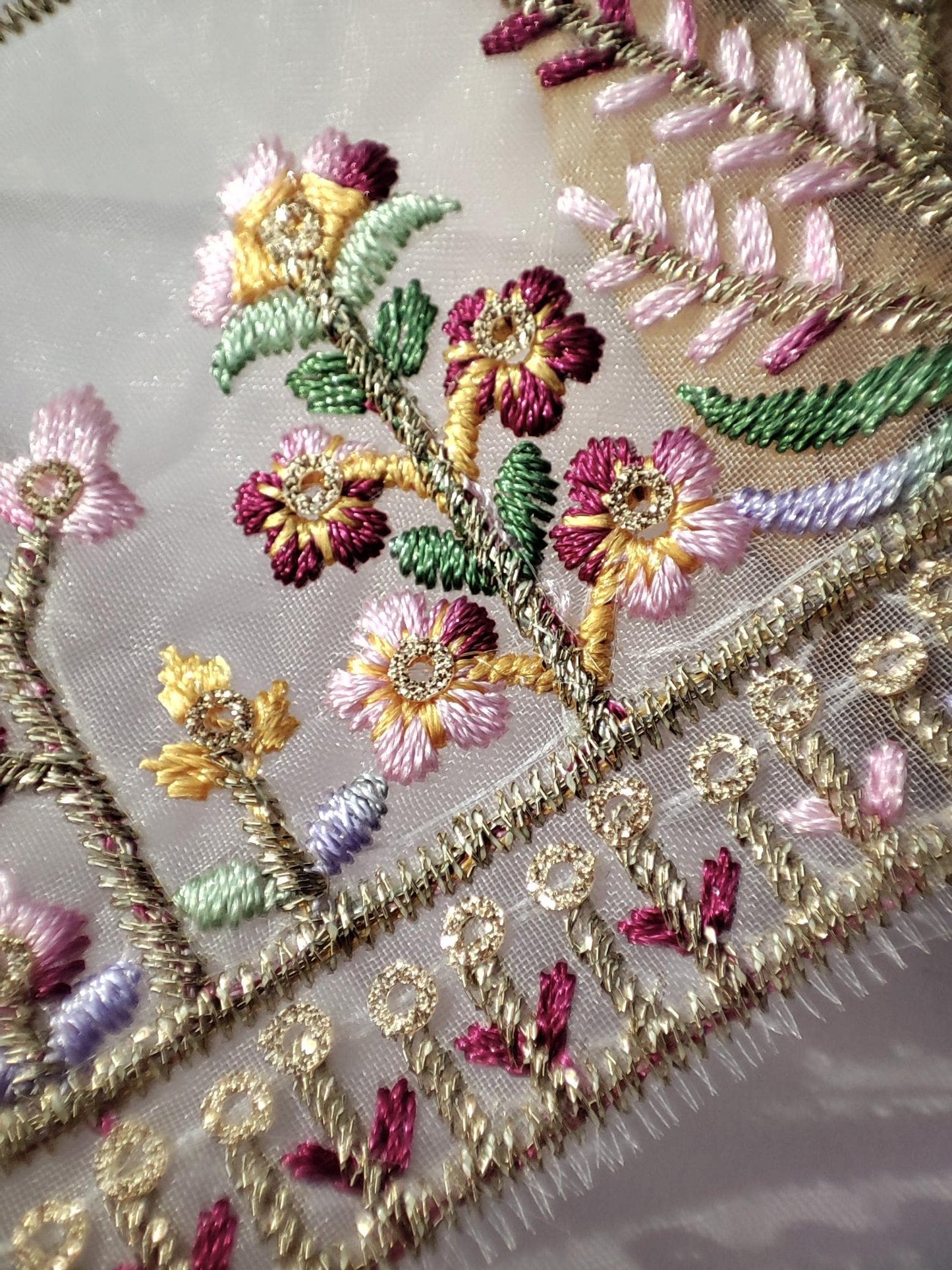 Cottage garden Floral Sheer Ribbon Trim with Sequin -Gold Embroidered Border on Mesh Net Fabric -Per Yard- 6.5cm Width Flower Meadow Edging