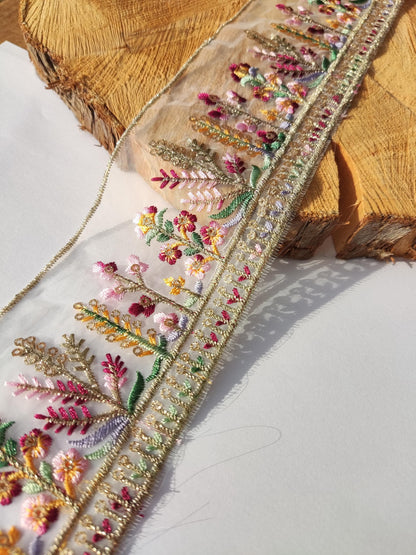 Cottage garden Floral Sheer Ribbon Trim with Sequin -Gold Embroidered Border on Mesh Net Fabric -Per Yard- 6.5cm Width Flower Meadow Edging