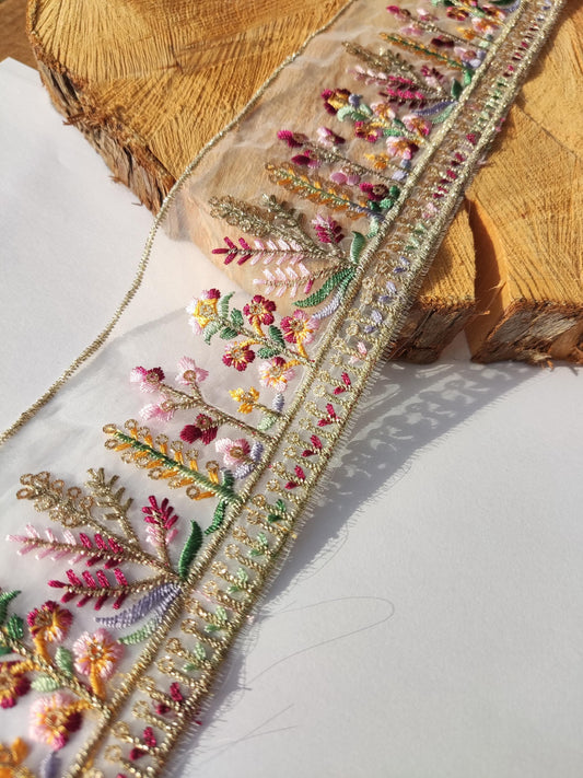 Cottage garden Floral Sheer Ribbon Trim with Sequin -Gold Embroidered Border on Mesh Net Fabric -Per Yard- 6.5cm Width Flower Meadow Edging
