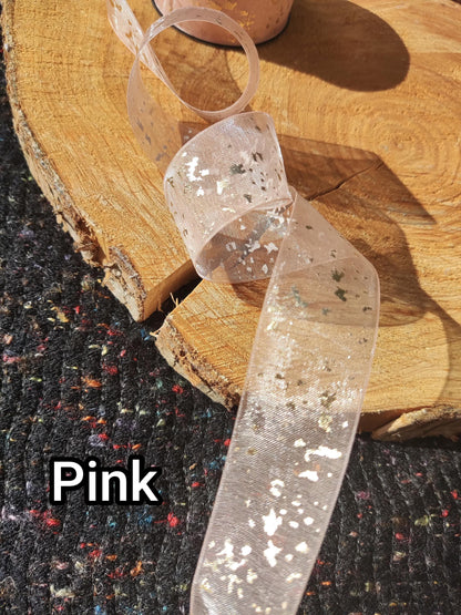 25mm width Sheer Organza Ribbon with Gold speckles- Per Yard- For Wedding Bouquet, Invitation DIY, Gift wrapping, Florist