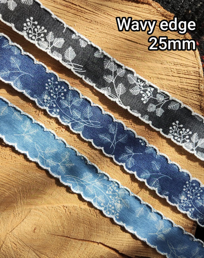 Botanic Floral Denim Ribbon Trim- 25mm or 40mm wide with Straight or Wavy Embroidered Scallop Edge - Per yard-DIY Hats Bags Jeans