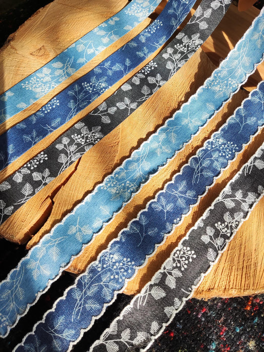Botanic Floral Denim Ribbon Trim- 25mm or 40mm wide with Straight or Wavy Embroidered Scallop Edge - Per yard-DIY Hats Bags Jeans