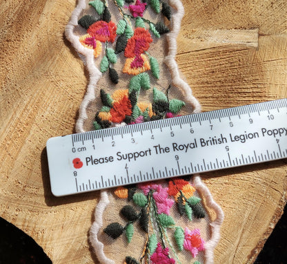 Zig Zag Embroidered Floral Sheer Ribbon Trim- 6.5cm width Flower Mesh Organza Net Border- Per yard- Folk Ethnic Craft DIY Costume