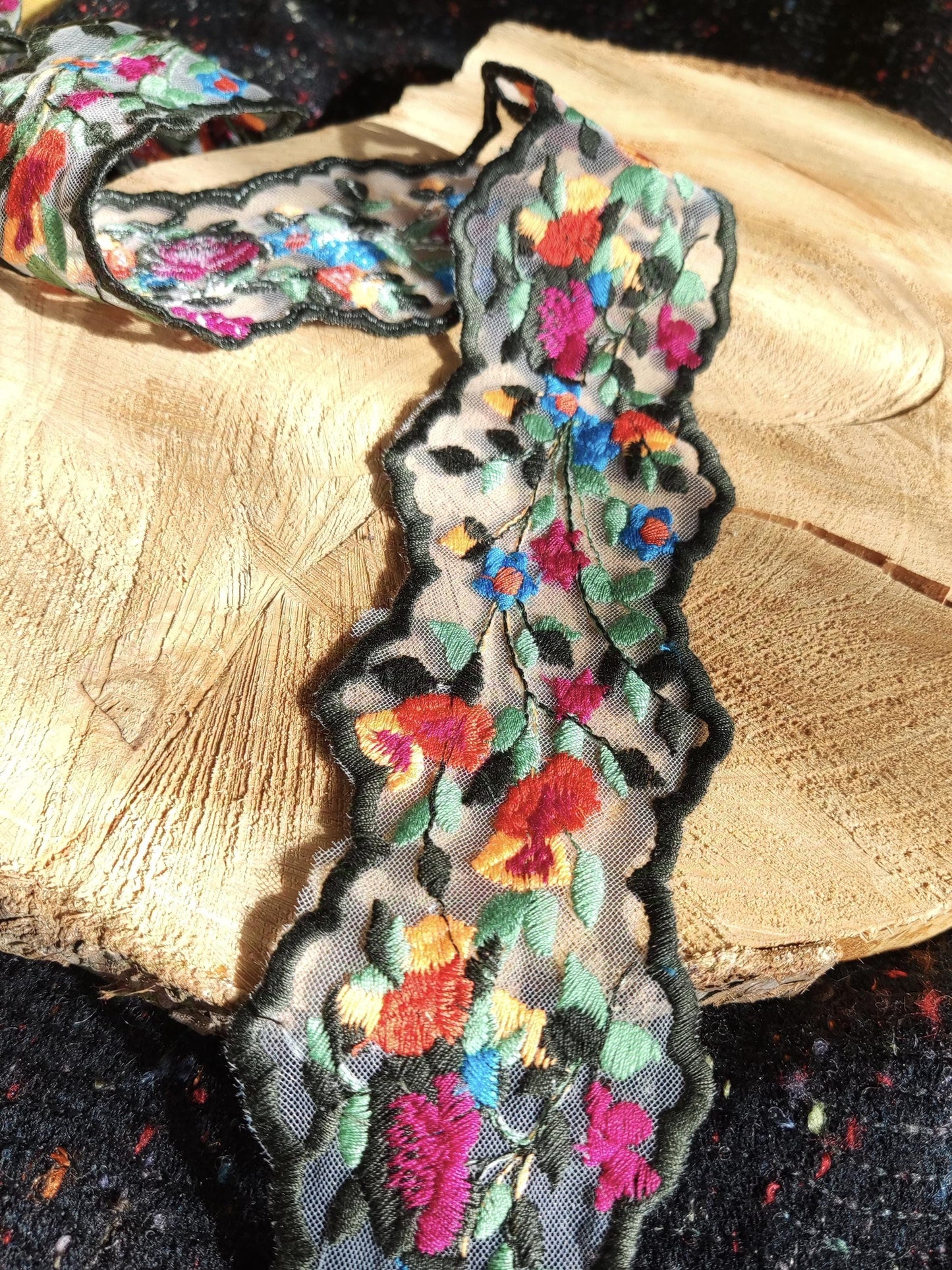Zig Zag Embroidered Floral Sheer Ribbon Trim- 6.5cm width Flower Mesh Organza Net Border- Per yard- Folk Ethnic Craft DIY Costume