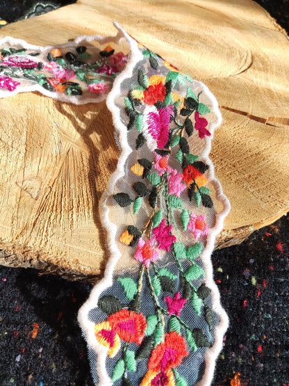 Zig Zag Embroidered Floral Sheer Ribbon Trim- 6.5cm width Flower Mesh Organza Net Border- Per yard- Folk Ethnic Craft DIY Costume