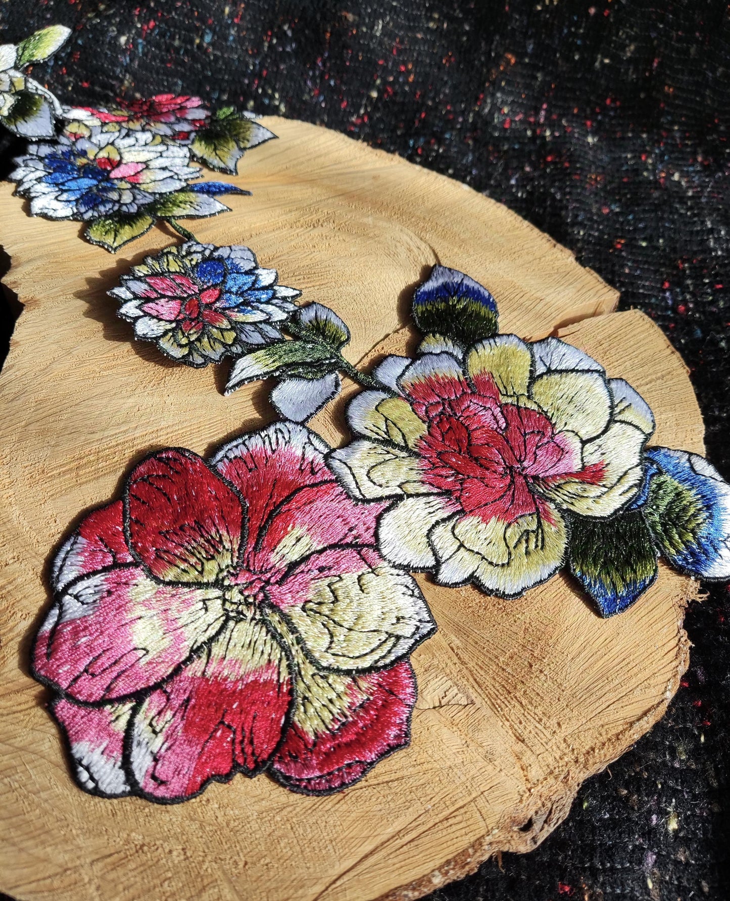 Large Watercolour Ink Outline Flower Sketch applique- Embroidered Sew on Patch- For Bag Making, Costume DIY