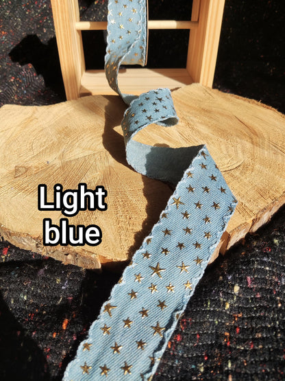 3D Gold Star Denim Ribbon with Embroidered Scallop Edge- 25mm or 40mm width- Per yard -For Acid wash Jeans DIY, Hatband, Bag making