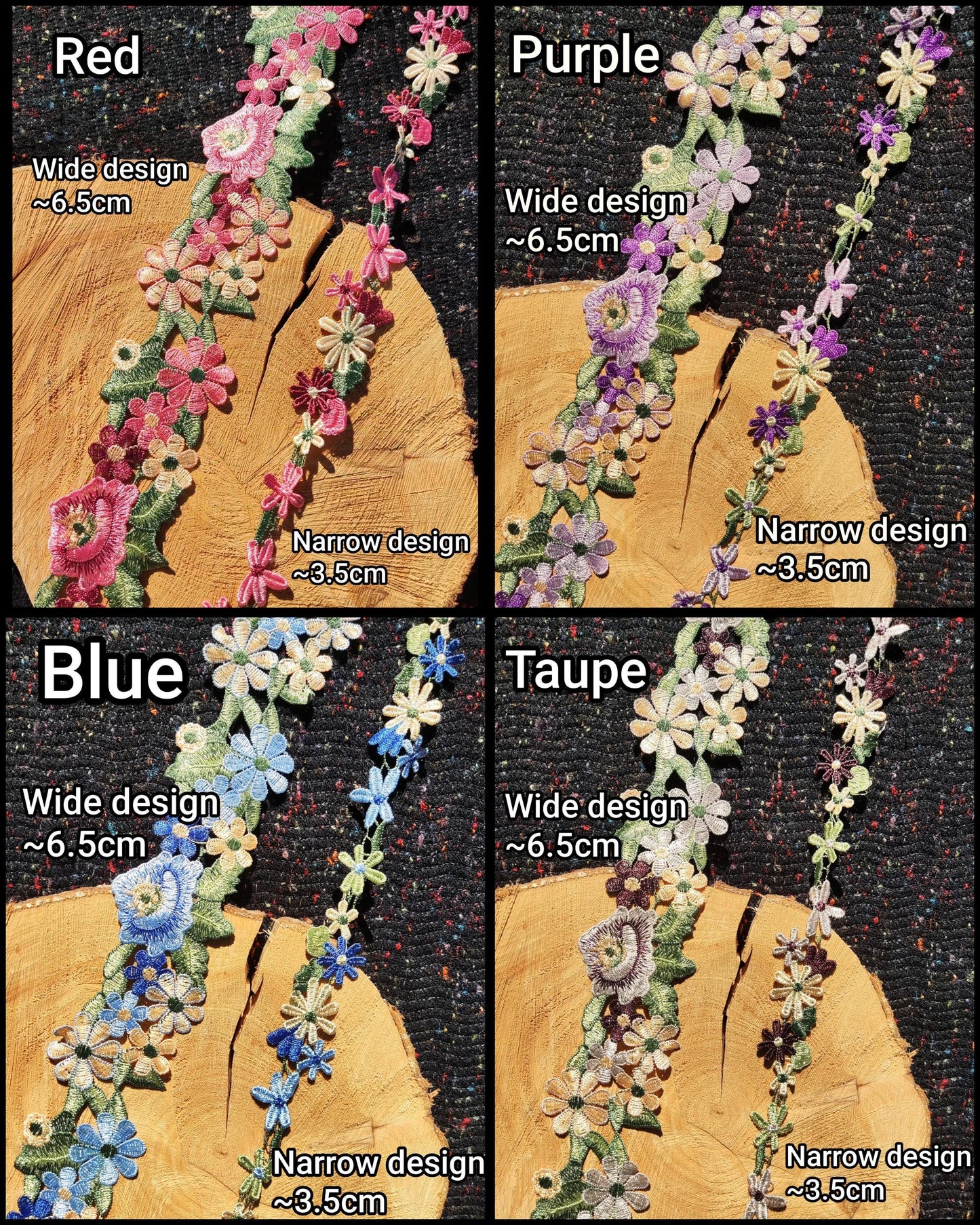 3.5cm width Embroidered Floral Trim- Multicoloured Bright Flower Lace- Per yard- DIY Clothing, Festival Costume, Crafts, Upholstery Decor