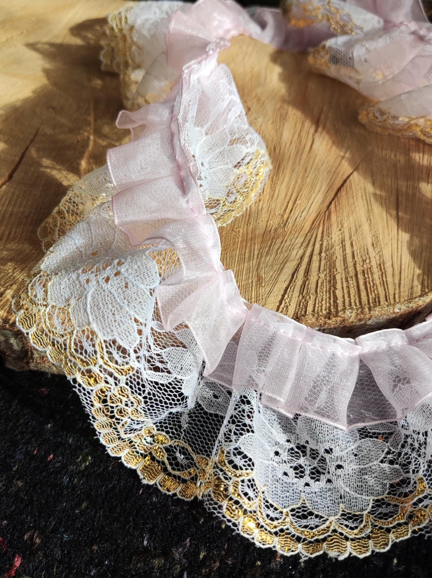 Retro Organza Ruffle Rococo Trim with Gold Edge Lace - Per Yard -6cm Width- Costume DIY, Doll Clothes, Sewing, Dressmaking