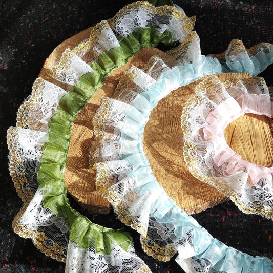 Retro Organza Ruffle Rococo Trim with Gold Edge Lace - Per Yard -6cm Width- Costume DIY, Doll Clothes, Sewing, Dressmaking