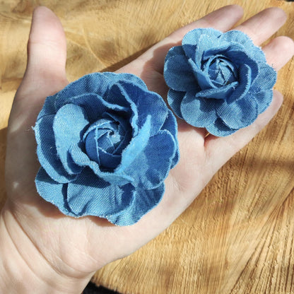 1pc Denim Rose Flower Sew On Embellishment- Blue Camellia Flower Applique- Bag making, Jeans Decoration, Hair accessories, Hat DIY