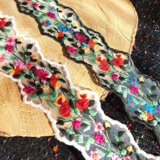Zig Zag Embroidered Floral Sheer Ribbon Trim- 6.5cm width Flower Mesh Organza Net Border- Per yard- Folk Ethnic Craft DIY Costume
