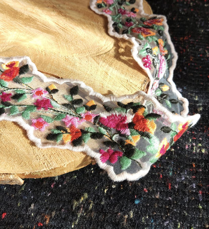 Zig Zag Embroidered Floral Sheer Ribbon Trim- 6.5cm width Flower Mesh Organza Net Border- Per yard- Folk Ethnic Craft DIY Costume