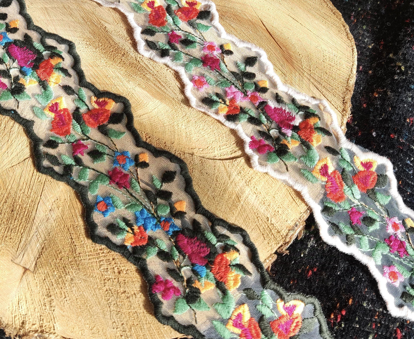 Zig Zag Embroidered Floral Sheer Ribbon Trim- 6.5cm width Flower Mesh Organza Net Border- Per yard- Folk Ethnic Craft DIY Costume