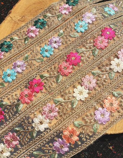 Embroidered Sheer Organza Floral Trim with Gold Sequins- 4.5cm wide Flower Mesh Ribbon -Per yard -For Sewing, Costume DIY, Home decor