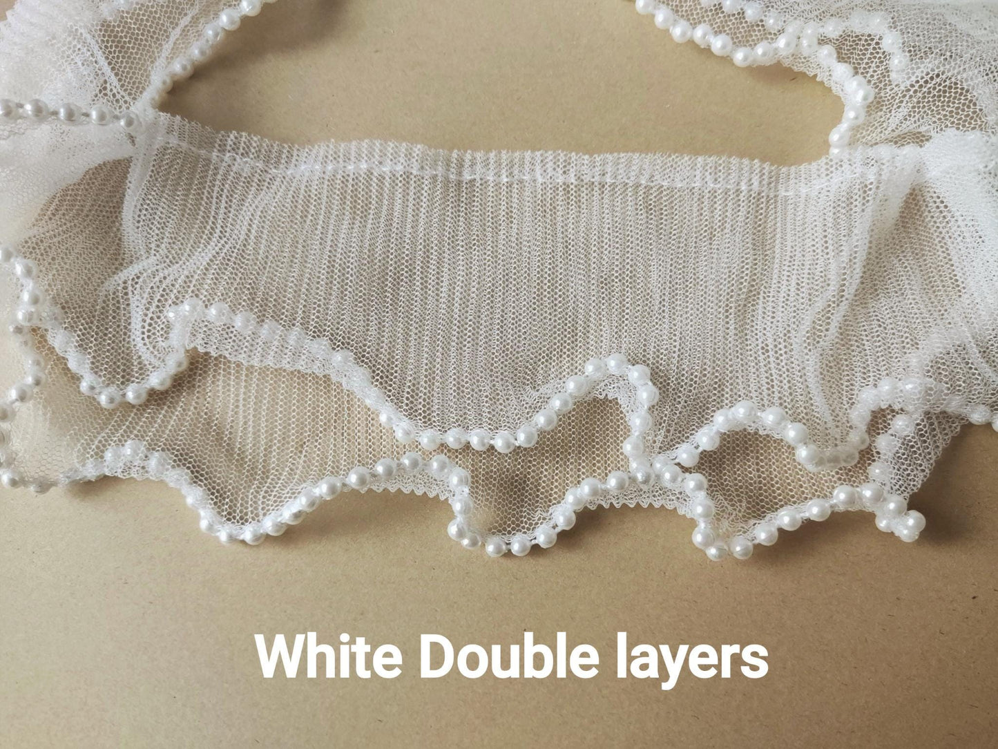 Beaded Tulle Trim: 7cm Pleated Ruffle with Faux Pearls- Sold by the Yard