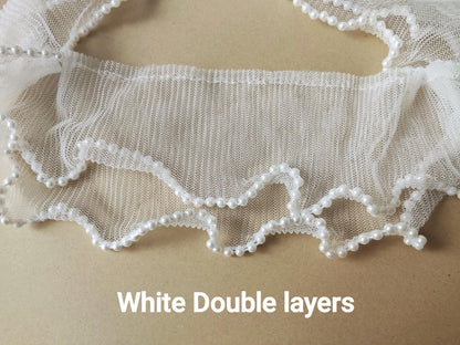 Beaded Tulle Trim: 7cm Pleated Ruffle with Faux Pearls- Sold by the Yard