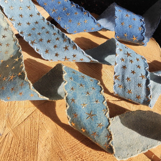 3D Gold Star Denim Ribbon with Embroidered Scallop Edge- 25mm or 40mm width- Per yard -For Acid wash Jeans DIY, Hatband, Bag making
