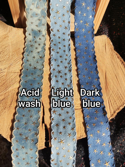 3D Gold Star Denim Ribbon with Embroidered Scallop Edge- 25mm or 40mm width- Per yard -For Acid wash Jeans DIY, Hatband, Bag making