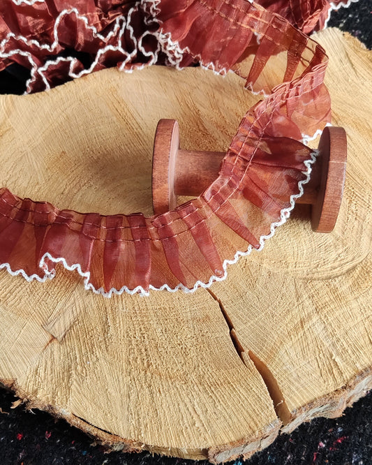 Pleated Brown Organza Ruffle Trim with White Scallop Edge -Per yard- 4cm wide Gathered Trim for Doll Clothes, Sewing, Home decor