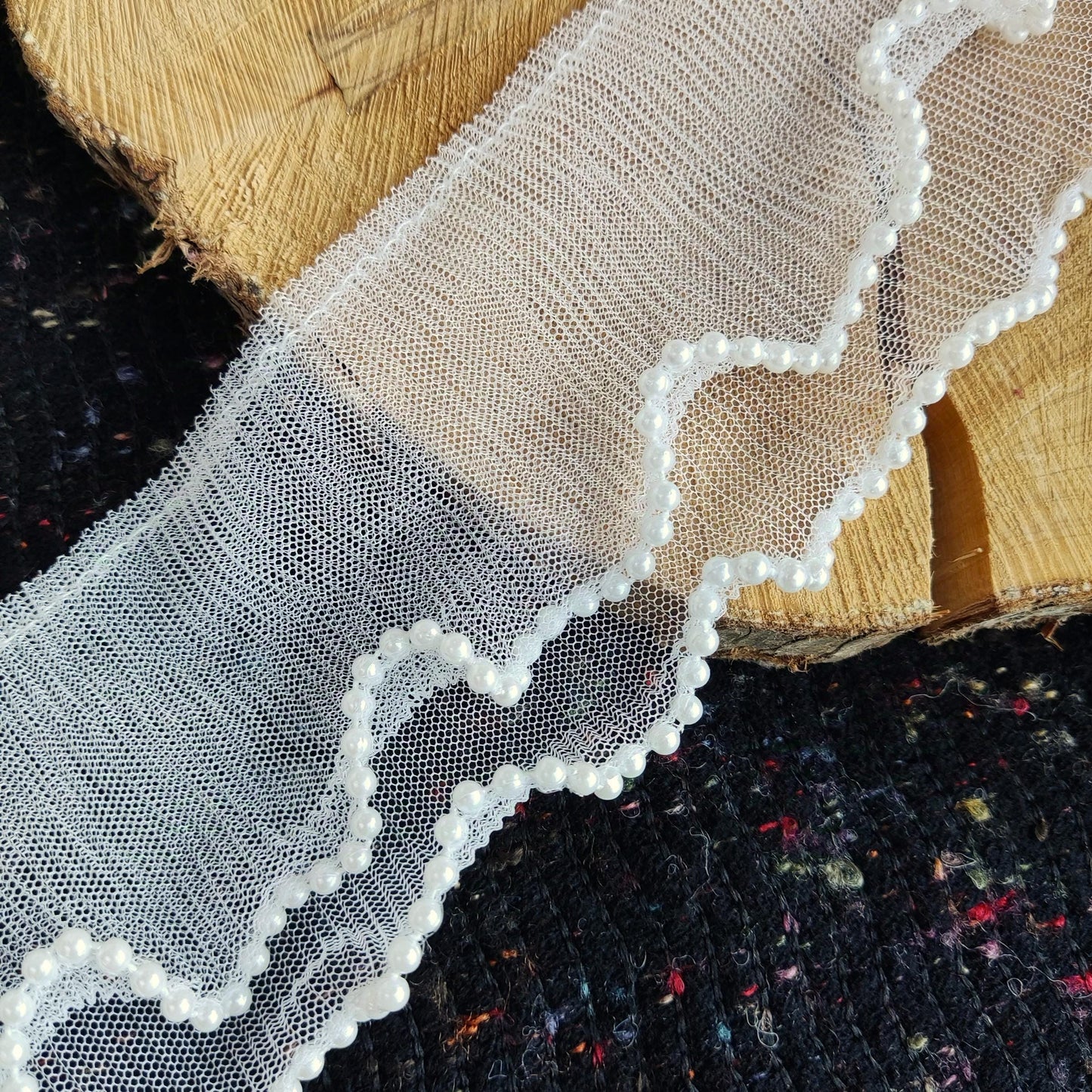 7cm wide Beaded double Layered Pleated Tulle Trim- sold by the yard