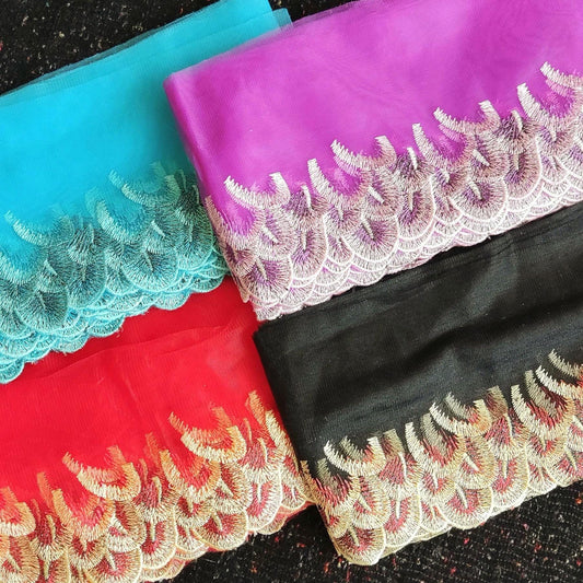 Peacock Feather Embroidered Tulle Mesh Trim- Per yard - 17cm wide Gold metallic Net Edging- Colourful Panel for Dancewear,Doll making