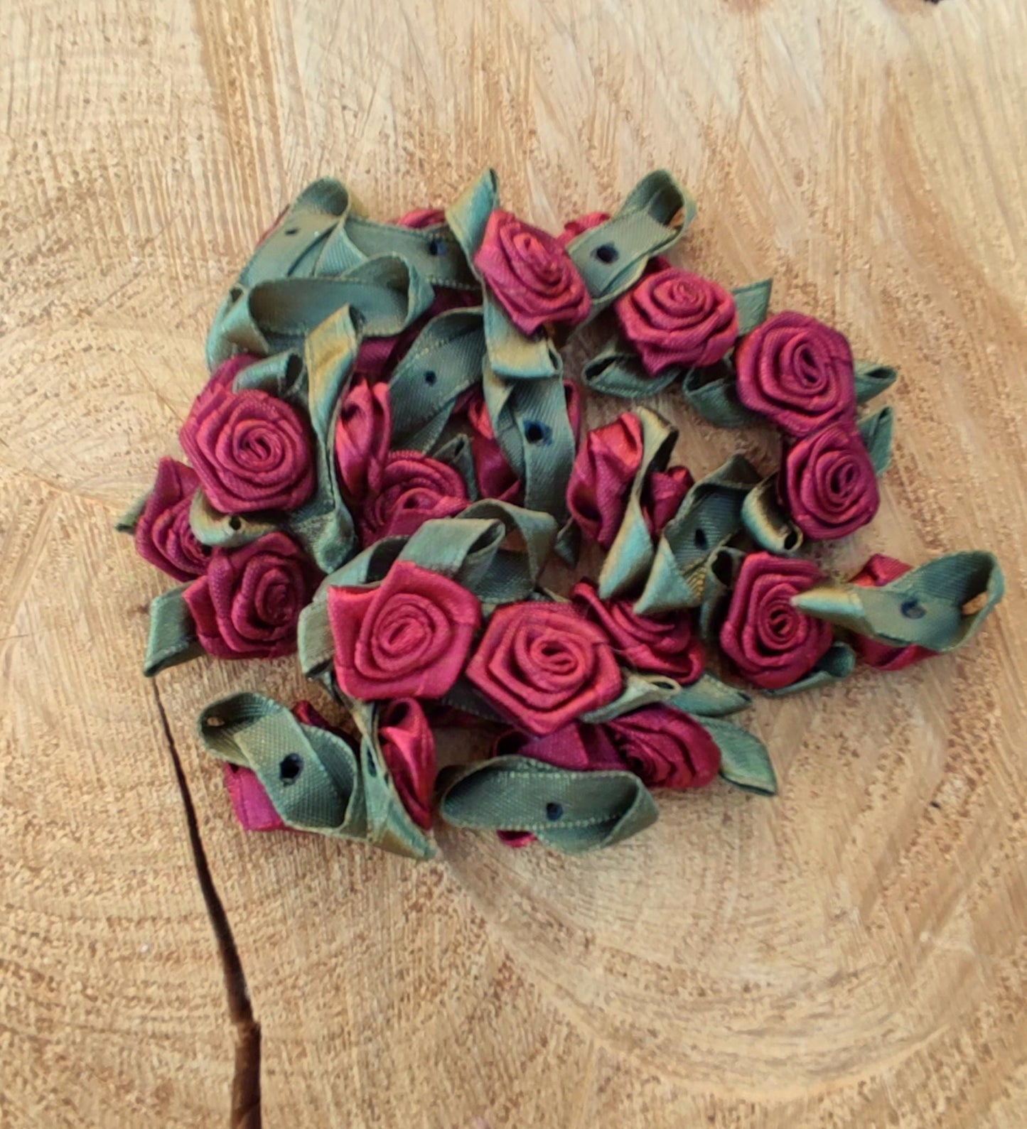 10PC- Small Satin Ribbon Rose Buds -Flower Embellishments- Pink or Red colours
