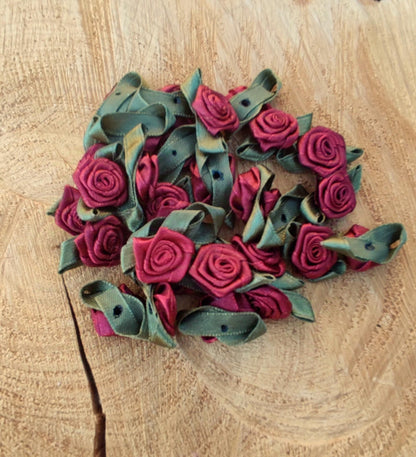 10PC- Small Satin Ribbon Rose Buds -Flower Embellishments- Pink or Red colours