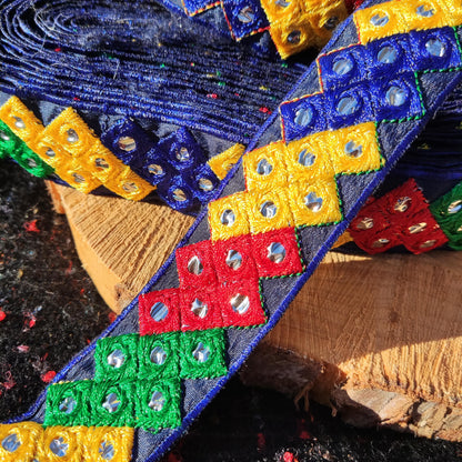 Block Game Inspired Embroidered Retro Trim- 3.5cm Width Mirror work Geometric Pixel Design Border- Per yard -Cushion making, Game room decor
