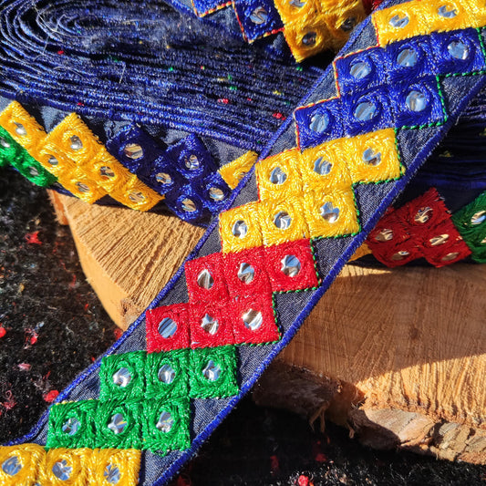 Block Game Inspired Embroidered Retro Trim- 3.5cm Width Mirror work Geometric Pixel Design Border- Per yard -Cushion making, Game room decor