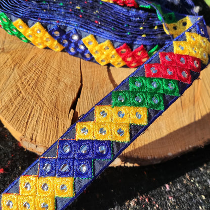 Block Game Inspired Embroidered Retro Trim- 3.5cm Width Mirror work Geometric Pixel Design Border- Per yard -Cushion making, Game room decor