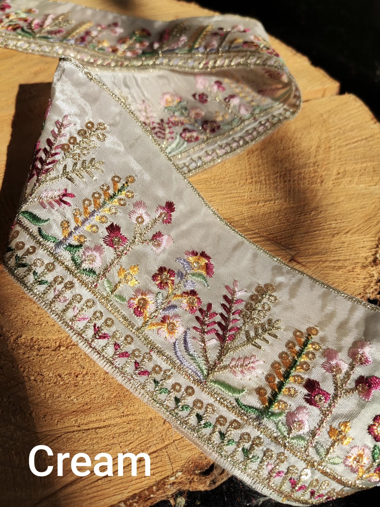 Cottage garden Floral Sheer Ribbon Trim with Sequin -Gold Embroidered Border on Mesh Net Fabric -Per Yard- 6.5cm Width Flower Meadow Edging
