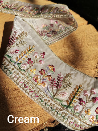 Cottage garden Floral Sheer Ribbon Trim with Sequin -Gold Embroidered Border on Mesh Net Fabric -Per Yard- 6.5cm Width Flower Meadow Edging