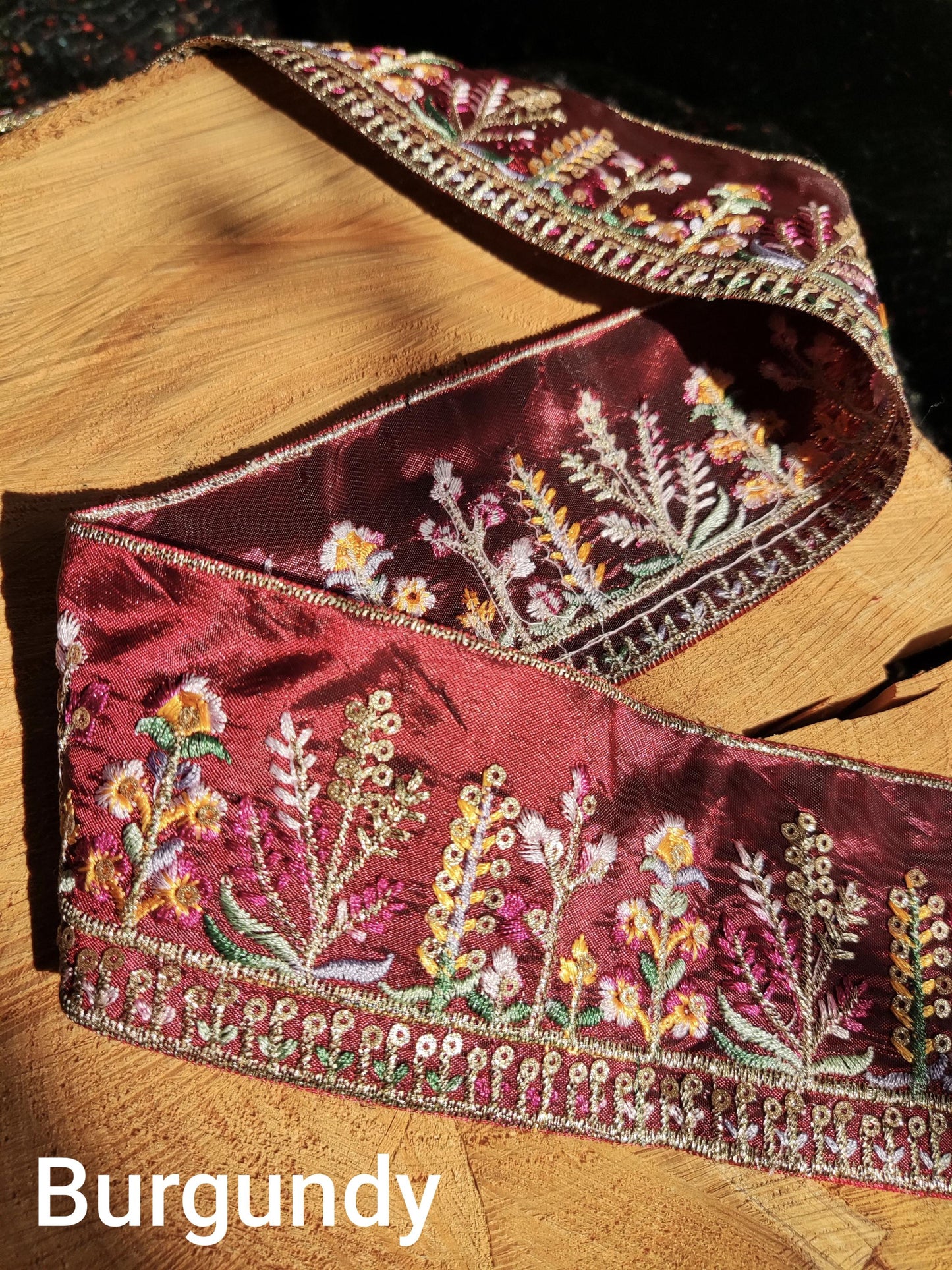Cottage garden Floral Sheer Ribbon Trim with Sequin -Gold Embroidered Border on Mesh Net Fabric -Per Yard- 6.5cm Width Flower Meadow Edging