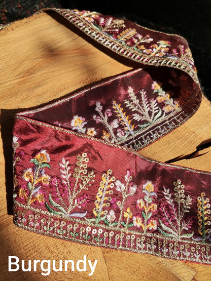 Cottage garden Floral Sheer Ribbon Trim with Sequin -Gold Embroidered Border on Mesh Net Fabric -Per Yard- 6.5cm Width Flower Meadow Edging