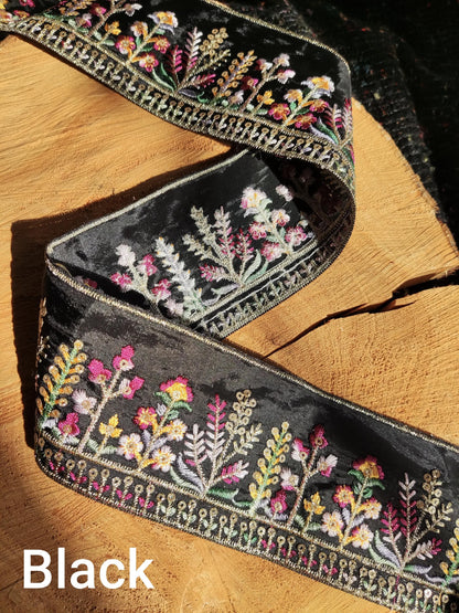 Cottage garden Floral Sheer Ribbon Trim with Sequin -Gold Embroidered Border on Mesh Net Fabric -Per Yard- 6.5cm Width Flower Meadow Edging