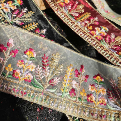 Cottage garden Floral Sheer Ribbon Trim with Sequin -Gold Embroidered Border on Mesh Net Fabric -Per Yard- 6.5cm Width Flower Meadow Edging